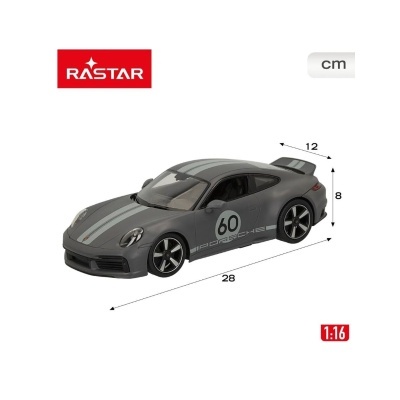 Carro de brinquedo cinzento estilo Porsche com faixa cinza clara e número 60 na porta