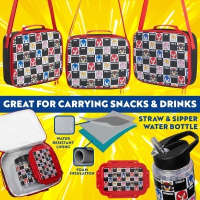 Sacos térmicos quadriculados coloridos com ícones e texto THILLS, acessórios e design mostrados