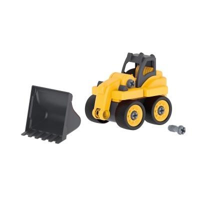 Miniatura de carrinho escavador amarelo e preto com pá destacada e parafuso solto