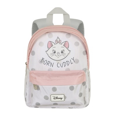Mochila infantil Disney rosa e branca com estampa de gato e bolinhas