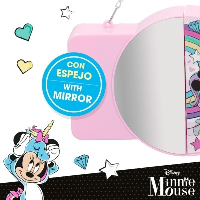 Espelho de bolso cor-de-rosa com espelho integrado e ilustração da Minnie Mouse com unicórnio azul