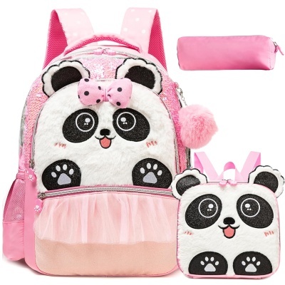 Conjunto rosa de mochila e estojo com padrão de panda fofo e saia de tule