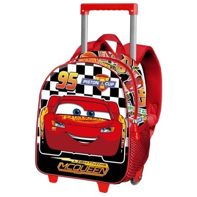 Mala de criança com roda e personagem Lightning McQueen, vermelha com padrões quadriculados