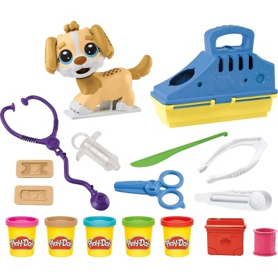 Conjunto brinquedo veterinário com cão, mala, ferramentas e potes de Play-Doh coloridos