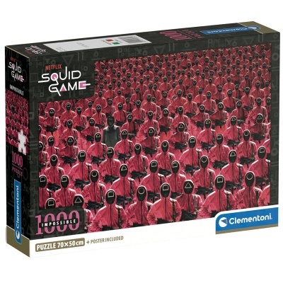 Caixa de puzzle Squid Game de 1000 peças com imagem de muitas figuras em fatos rosa