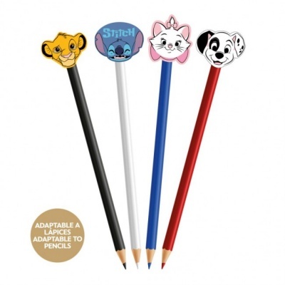 Lápis coloridos com ponteiras de personagens animados e selo de adaptação a lápis