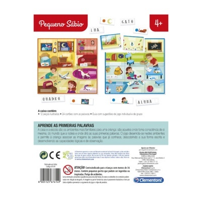 Parte traseira da caixa do jogo educativo Pequeno Sábio com ilustrações e palavras para associar