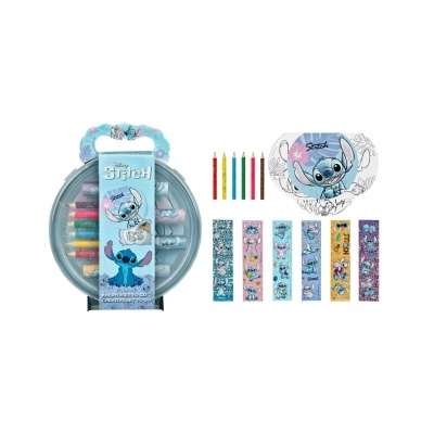 Conjunto de material escolar com tema Stitch em tons azuis e cinza com lápis de cor, réguas, mochila e máscaras para colorir