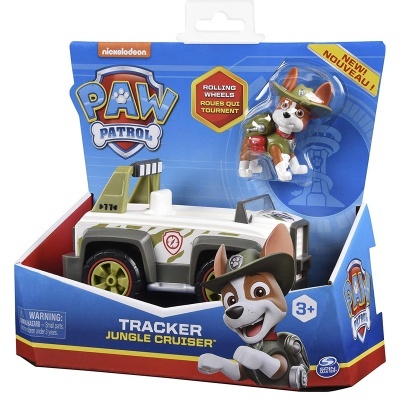 Brinquedo Paw Patrol Tracker Jungle Cruiser na embalagem azul e vermelha