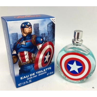 Frasco de perfume azul claro com escudo do Capitão América e caixa azul com ilustração do super-herói