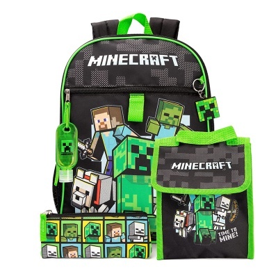 Mochila, estojo e bolsa de tecido com estampa Minecraft e personagens do jogo em verde e preto