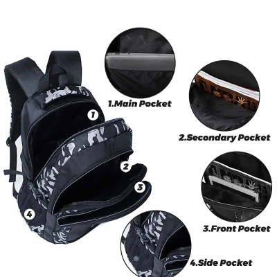 Mochila preta com bolsos nomeados e padrões brancos