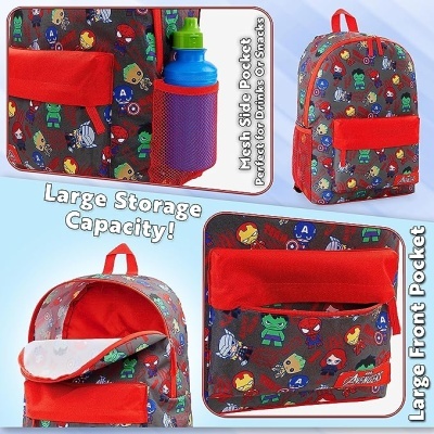 Mochila colorida com personagens Marvel, bolso vermelho grande e bolso lateral de rede para garrafa