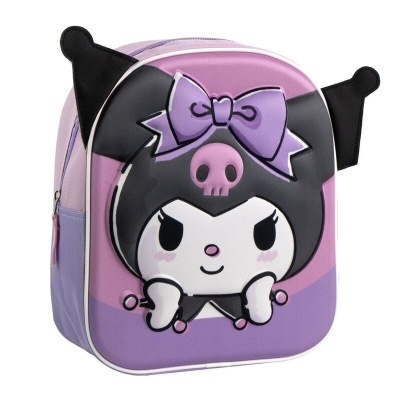Mochila infantil roxa com design 3D da personagem Kuromi
