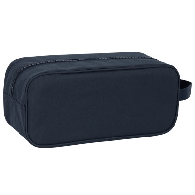 Estojo azul escuro em tecido com fecho de correr e alça lateral