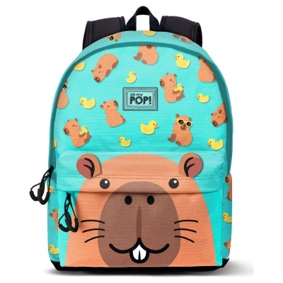 Mochila azul com padrão de castores e patinhos e rosto de castor grande na frente