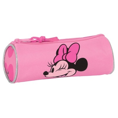 Estojo escolar cilíndrico cor-de-rosa com desenho de Minnie Mouse