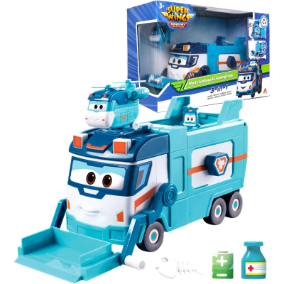 Brinquedo camião de lixo azul e branco da coleção Super Wings com elementos médicos e embalagem