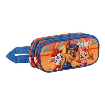 Estojo colorido com personagens de desenho animado e texto 