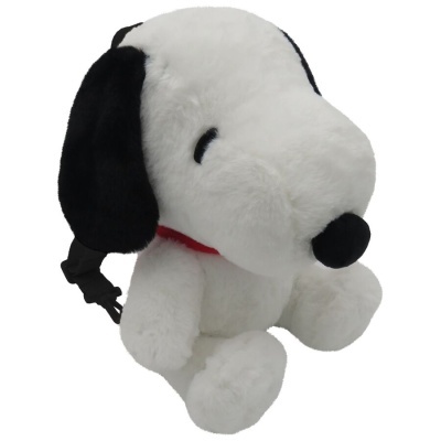 Mochila peluche cão branco com orelhas pretas e coleira vermelha