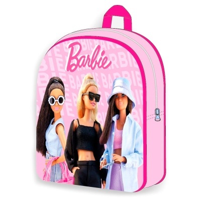 Mochila rosa com imagem de três bonecas Barbie e texto Barbie