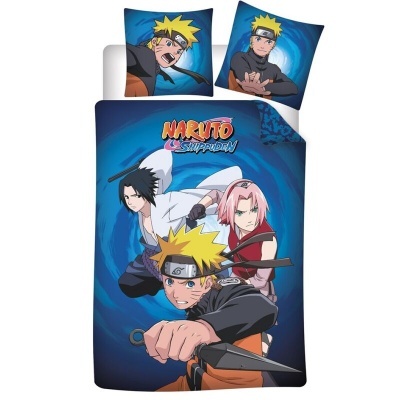 Roupa de cama com personagens de Naruto em azul e preto