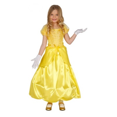 Criança com vestido amarelo de cetim e luvas brancas