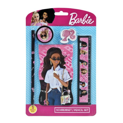 Conjunto de escrita Barbie com lápis, régua, borracha, apontador e caderno em embalagem rosa e azul.