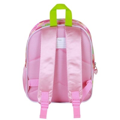 Mochila infantil rosa com alças almofadadas e pega verde fluorescente