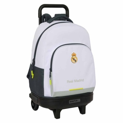 Mochila de rodas branca e cinzenta com o emblema Real Madrid