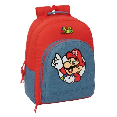 Mochila vermelha e azul com imagem do Super Mario e texto SUPER MARIO