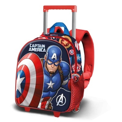 Mochila trolley azul e vermelha com imagem do Capitão América