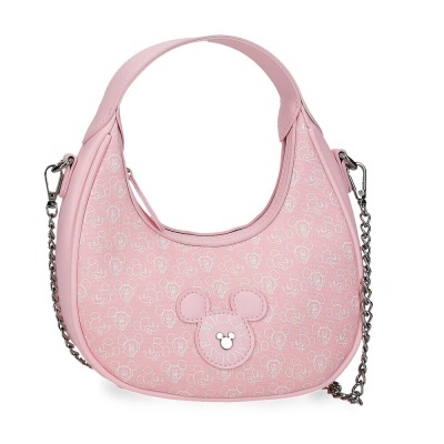Mala rosa com padrão do Mickey Mouse e alças em pele e corrente