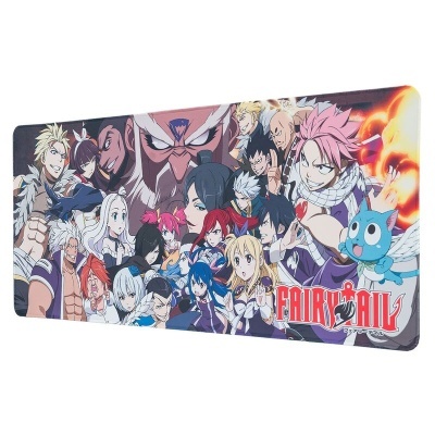Tapete de gaming com personagens do anime Fairy Tail coloridos e logo no canto