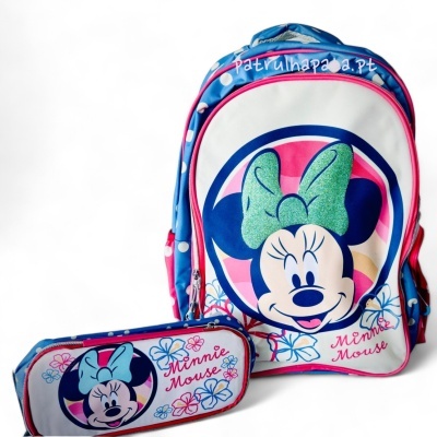Mochila e estojo Minnie Mouse em azul, branco, rosa e verde