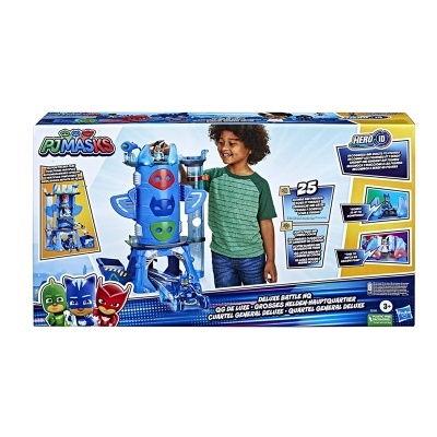 Caixa de brinquedo PJ Masks com torre azul e personagens