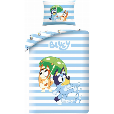 Conjunto de cama infantil riscas azuis e brancas com personagens animadas Bluey e guarda-chuva verde