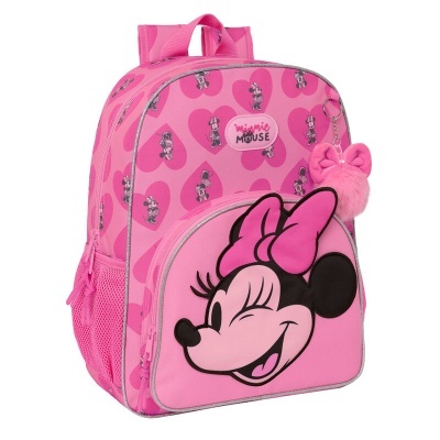 Mochila cor de rosa com desenho da Minnie Mouse e pompom de laço