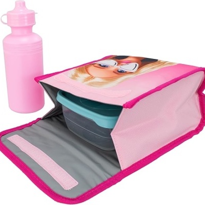 Garrafa de água rosa e lancheira rosa com imagem de personagem animada e recipiente no interior