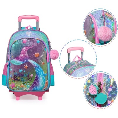 Mochila de rodas infantil com padrão de sereia e pompom rosa