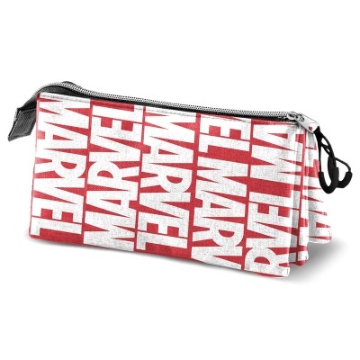 Estojo escolar branco e vermelho com padrão da palavra MARVEL