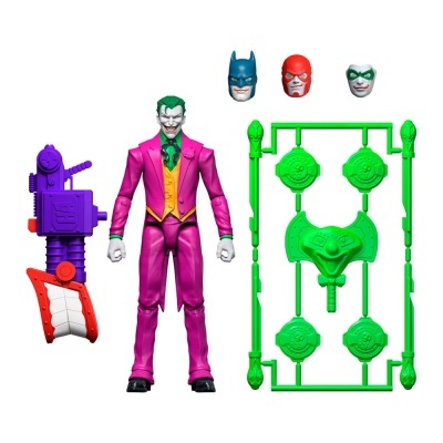 Boneco articulado do Joker com acessórios e cabeças alternativas.