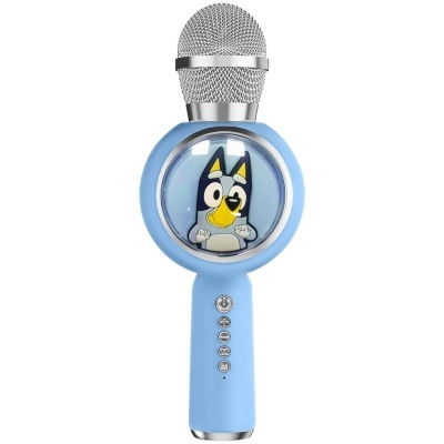 Microfone karaoke azul claro com personagem Bluey no centro