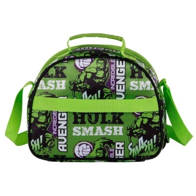 Bolsa verde estampada com o Hulk e textos relacionados