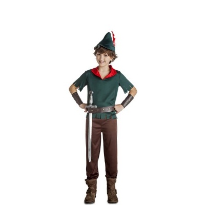 Fato infantil verde e castanho com espada e chapéu para criança.