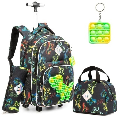 Conjunto escolar infantil com mochila de rodinhas, estojo, bolsa térmica e chaveiro Pop It com padrão de dinossauros.