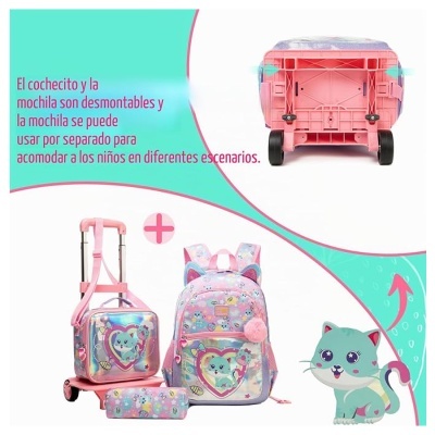 Conjunto infantil com mochila e mala com rodas rosa e lilás com padrão de gato azul