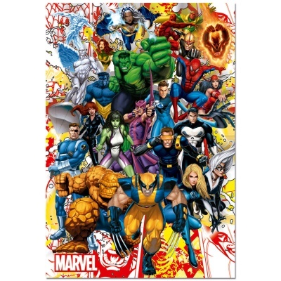 Poster colorido com personagens da Marvel em estilo de quadrinhos