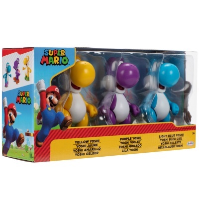 Conjunto de três bonecos Super Mario Yoshi amarelo, roxo e azul-claro em embalagem