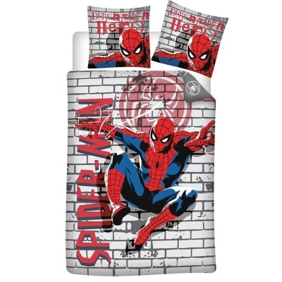 Conjunto de roupa de cama Homem-Aranha com fundo de tijoleira cinzenta e figura do Homem-Aranha em vermelho e azul